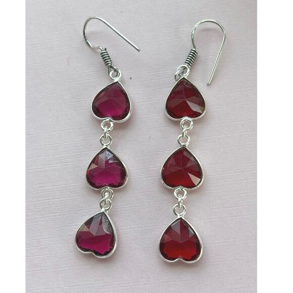 925 Sterling Garnet Dangle Heart  Earrings - Picture 3 of 5